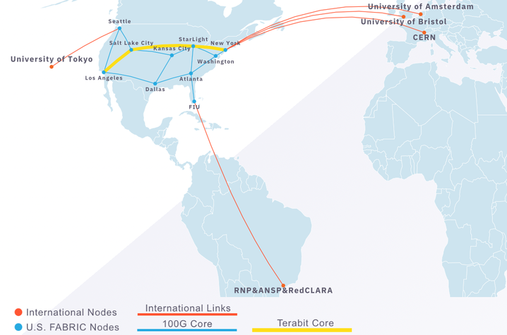 FABRIC will connect U.S. universities and labs to collaborators across the globe in Europe, Central America and Japan. Map provided by FABRIC.
