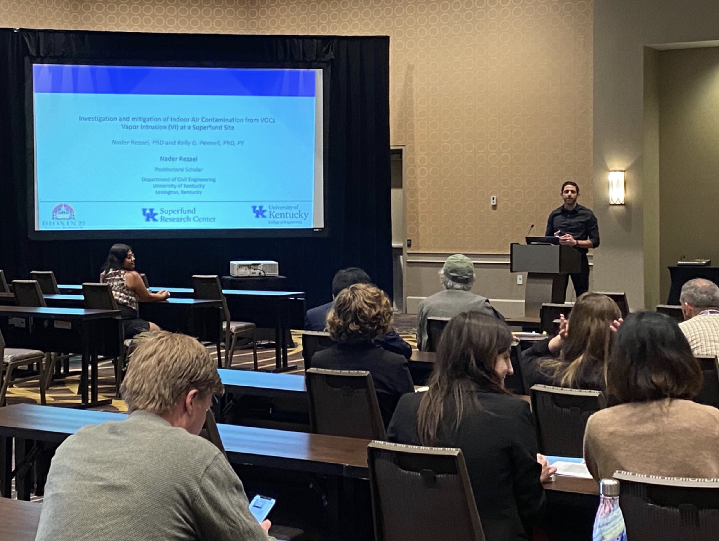 Nader Rezaei, UK Civil Engineering post-doctoral scholar, presenting his research talk entitled “Investigation and Mitigation of Indoor Air Contamination from Volatile Organic Compound Vapor Intrusion (VI) at a Superfund Site.” Co-author: Kelly G. Pennell