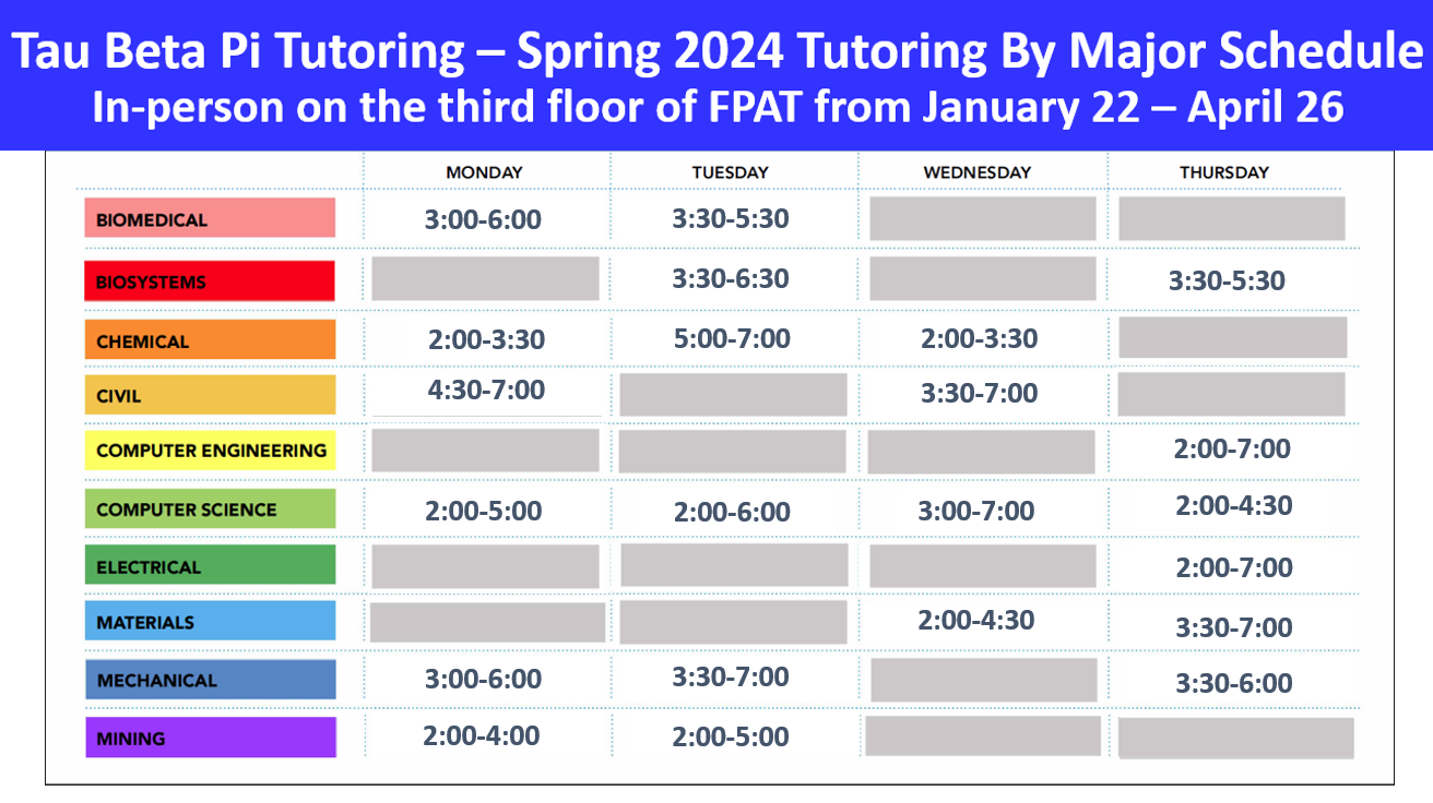 photo of tutoring schedule for display only visit https://www.engr.uky.edu/students/student-success/engineering-tutoring for full tutoring schedule