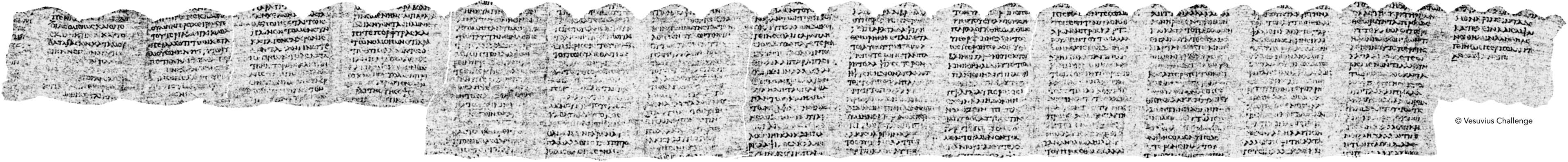 The result image produced by the Vesuvius Challenge Grand Prize winning team of Youssef Nader, Luke Farritor, and Julian Schilliger. 15 columns of Greek text are revealed, and are shown on top of the papyrus sheet they are written on.