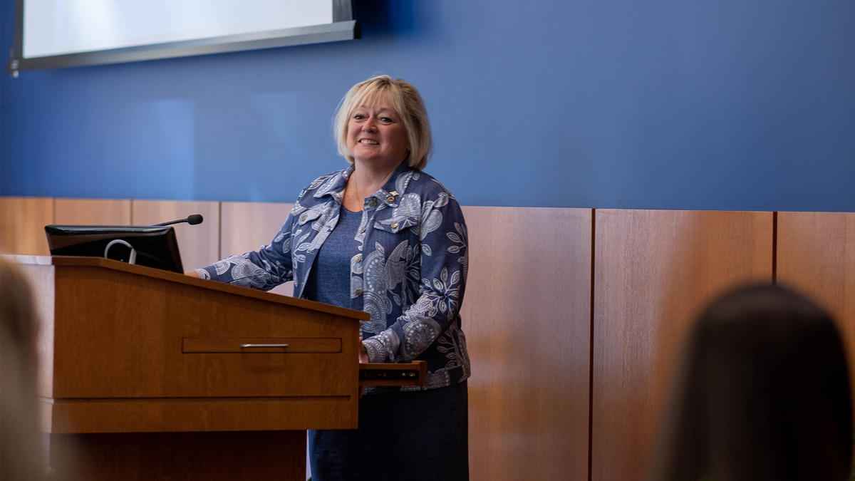Elaine Duncan presenting at the college's Women in Engineering Day event in 2019